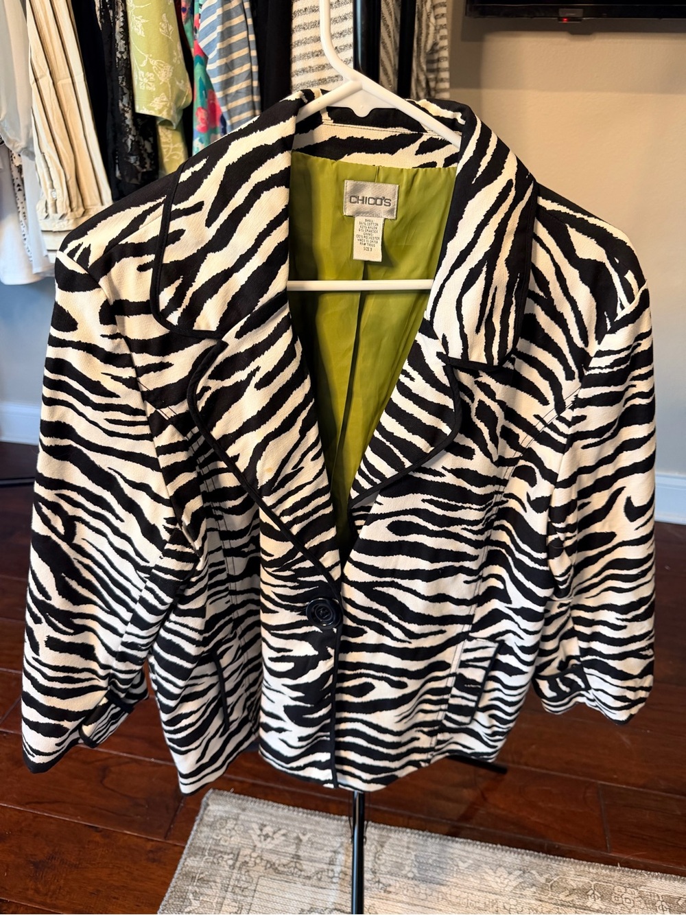 Chico's Black and White Zebra-Pattern Blazer with Lime Lining